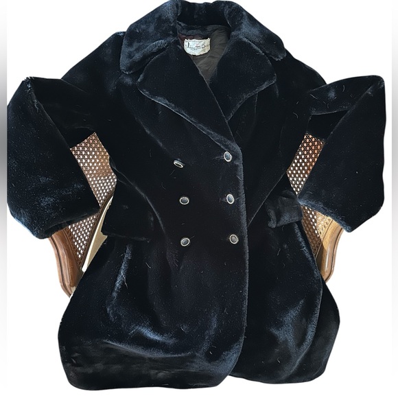 Vintage 60s Borgazia Double Breasted Black Faux Fur Coat w/ Gold Buttons - Picture 10 of 17